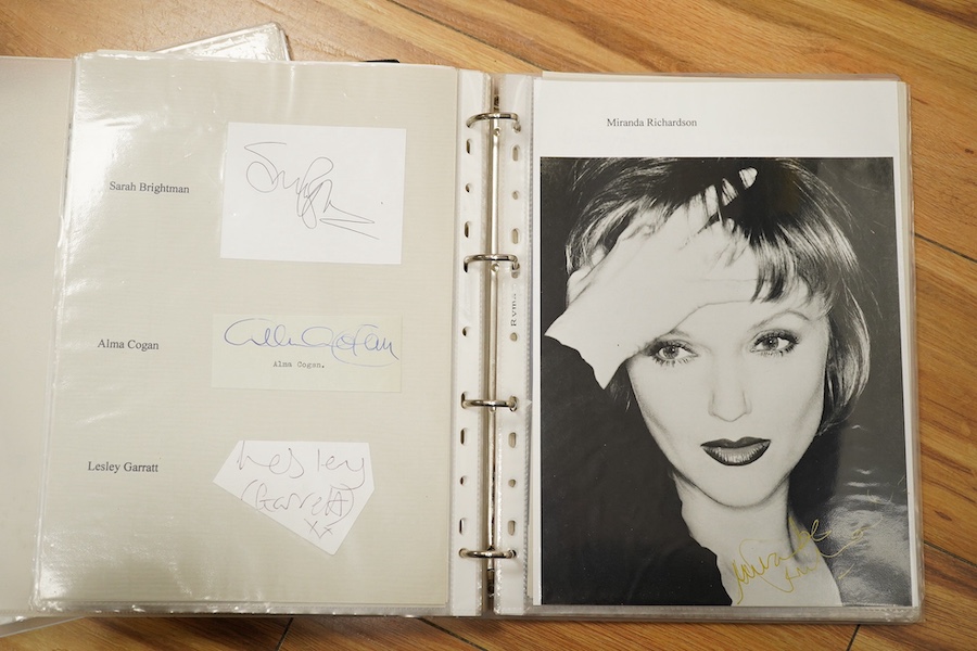 A collection of autographs, signed photos, and signed theatre programmes contained within two folders, celebrities including; Bud Flanagan, Frankie Vaughan, Herbie Hancock, Marty Wilde, Cliff Richard, Lisa Stevens, Cleo